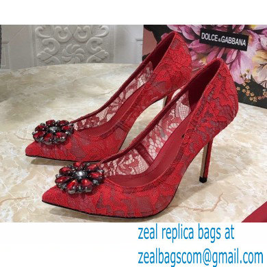 Dolce & Gabbana Heel 10.5cm Taormina Lace Pumps Red with Crystals 2021 - Click Image to Close